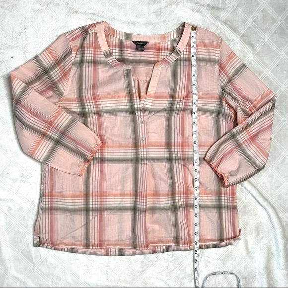 Eddie Bauer Pastel Pink Plaid V-Neck 3/4 Sleeve Blouse Top Shirt Size Medium - Picture 14 of 15